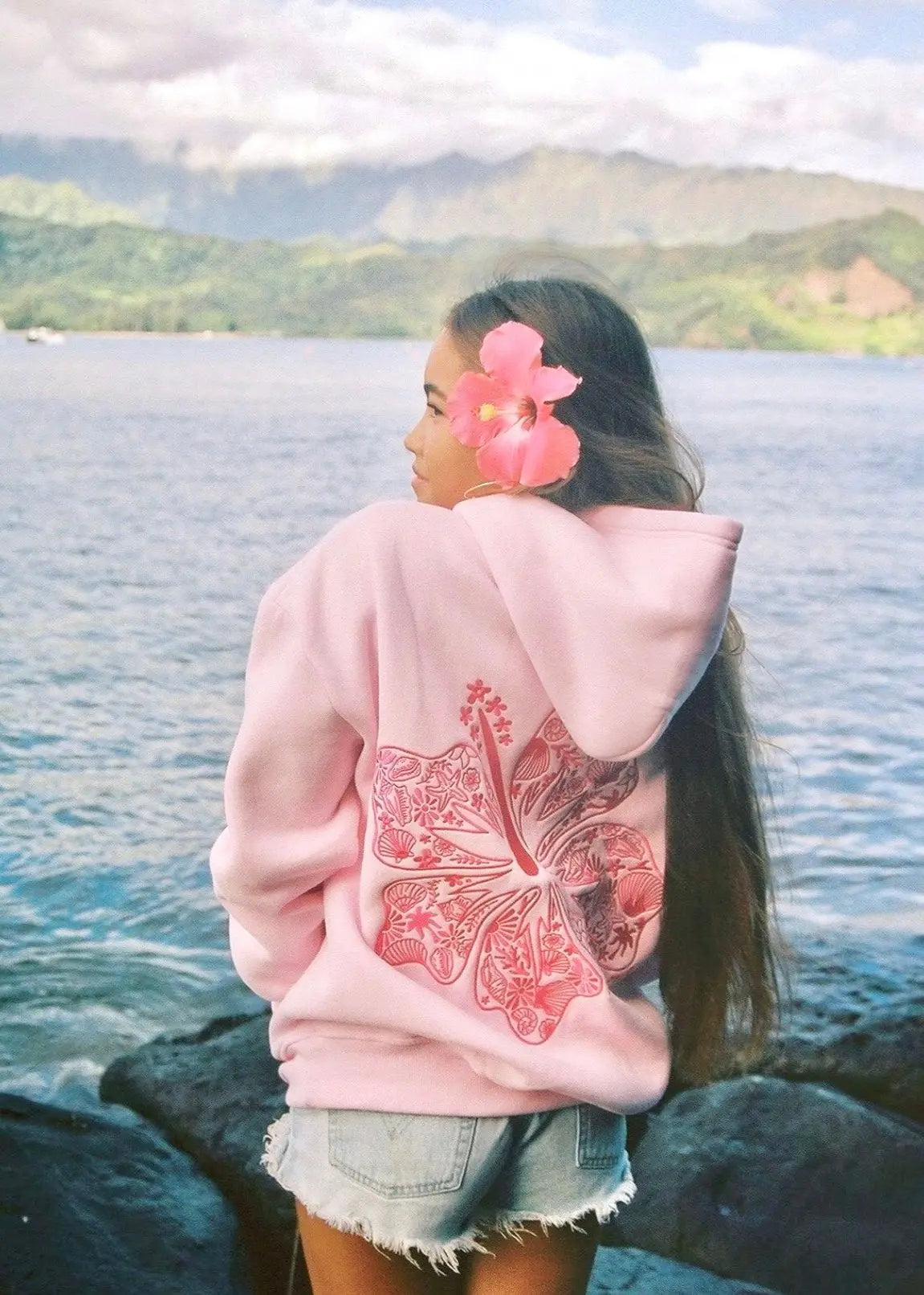 "Hawaii Hibiscus" Hoodie in Blush Pink Palm Puff