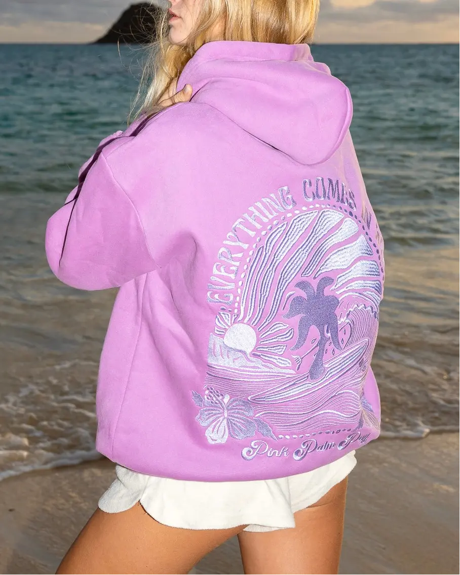 "Everything Comes in Waves" Hoodie in Açai Pink Palm Puff