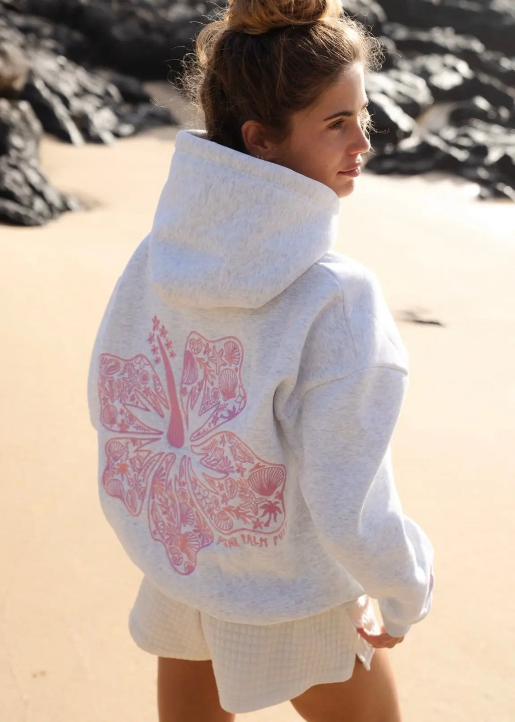 "Hawaii Hibiscus" Hoodie in Heather Cloud Pink Palm Puff