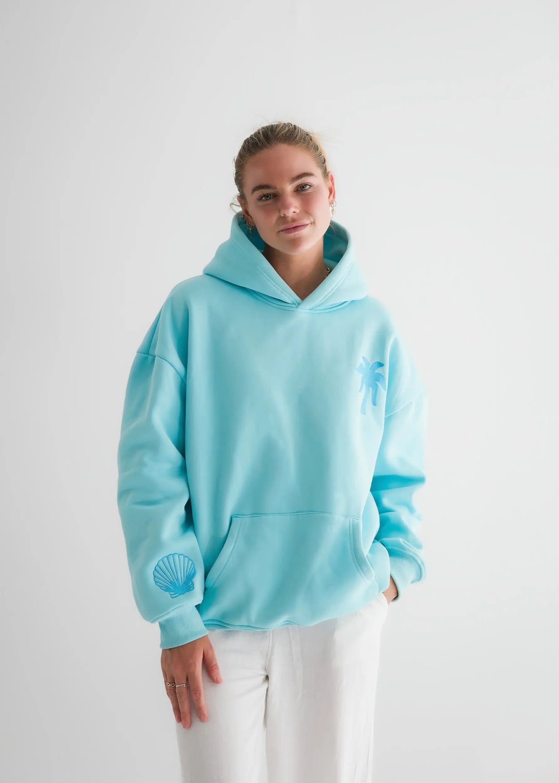 "Hawaii Hibiscus" Hoodie in Aquamarine Pink Palm Puff