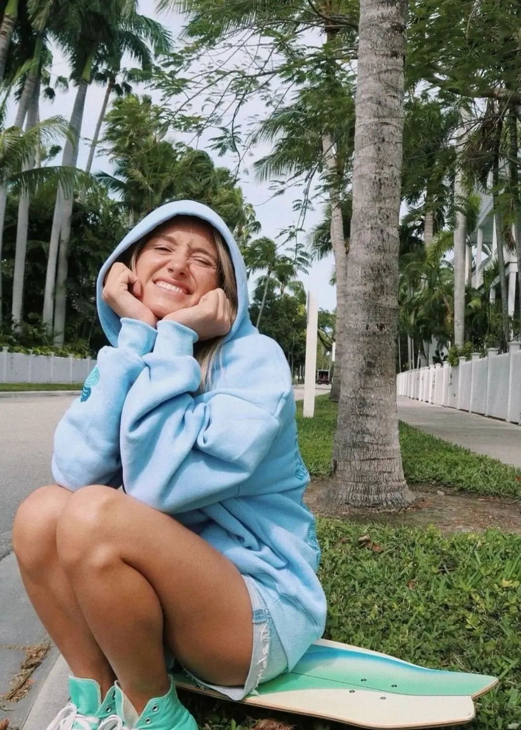 "Everything Comes in Waves” Hoodie in Blue Pink Palm