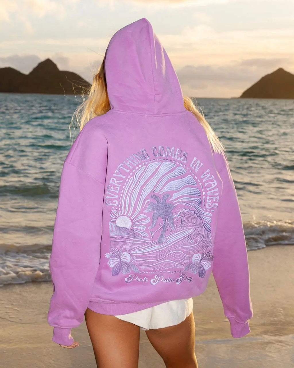 "Everything Comes in Waves" Hoodie in Açai Pink Palm Puff