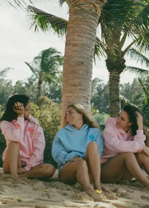 "Everything Comes in Waves” Hoodie in Blue Pink Palm