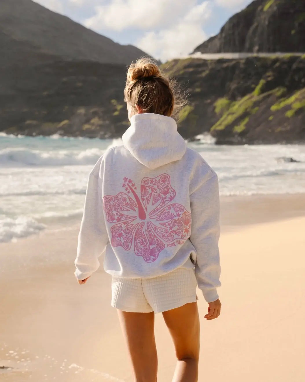 "Hawaii Hibiscus" Hoodie in Heather Cloud Pink Palm Puff