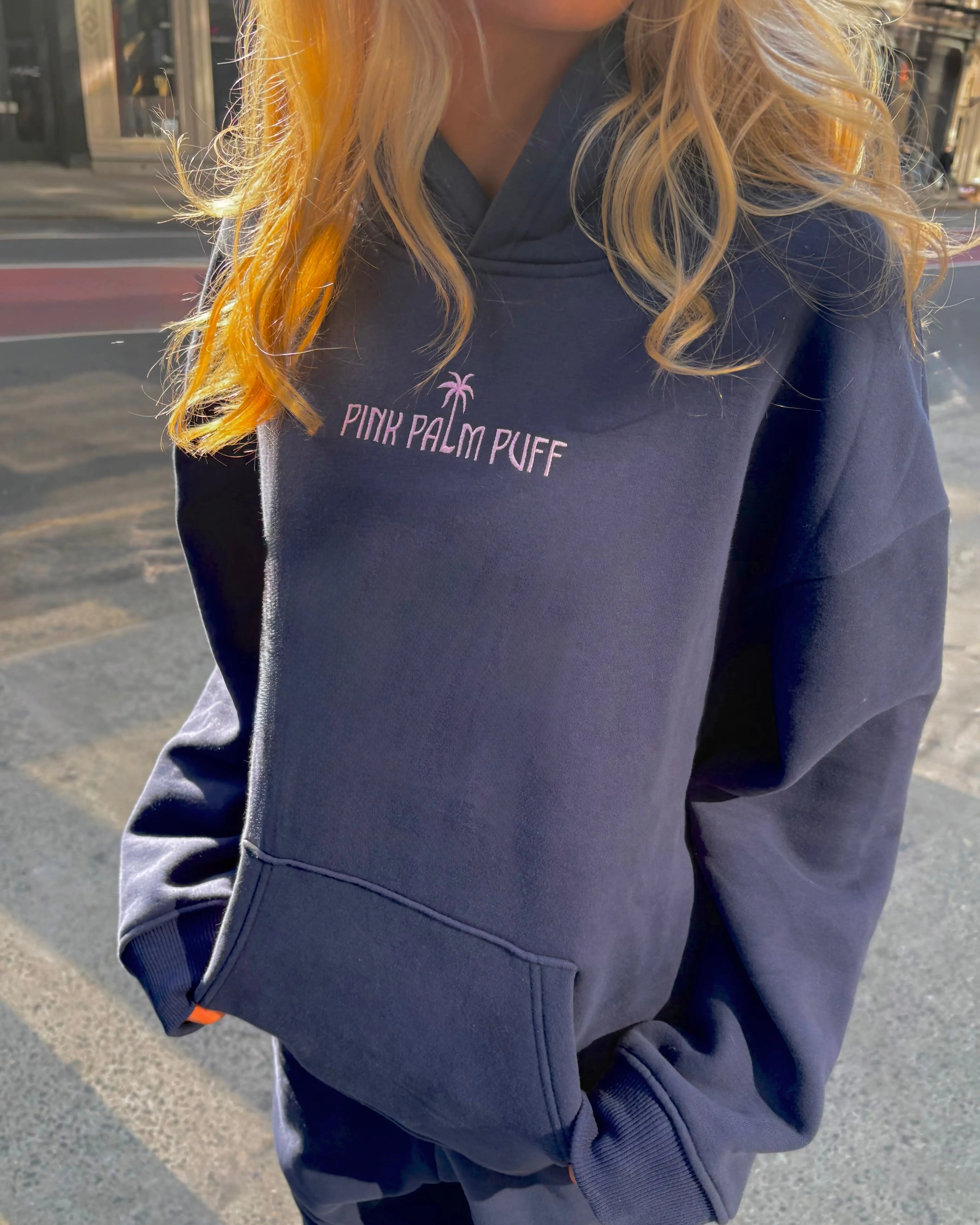 Classic Puff Hoodie in Navy Pink Palm Puff