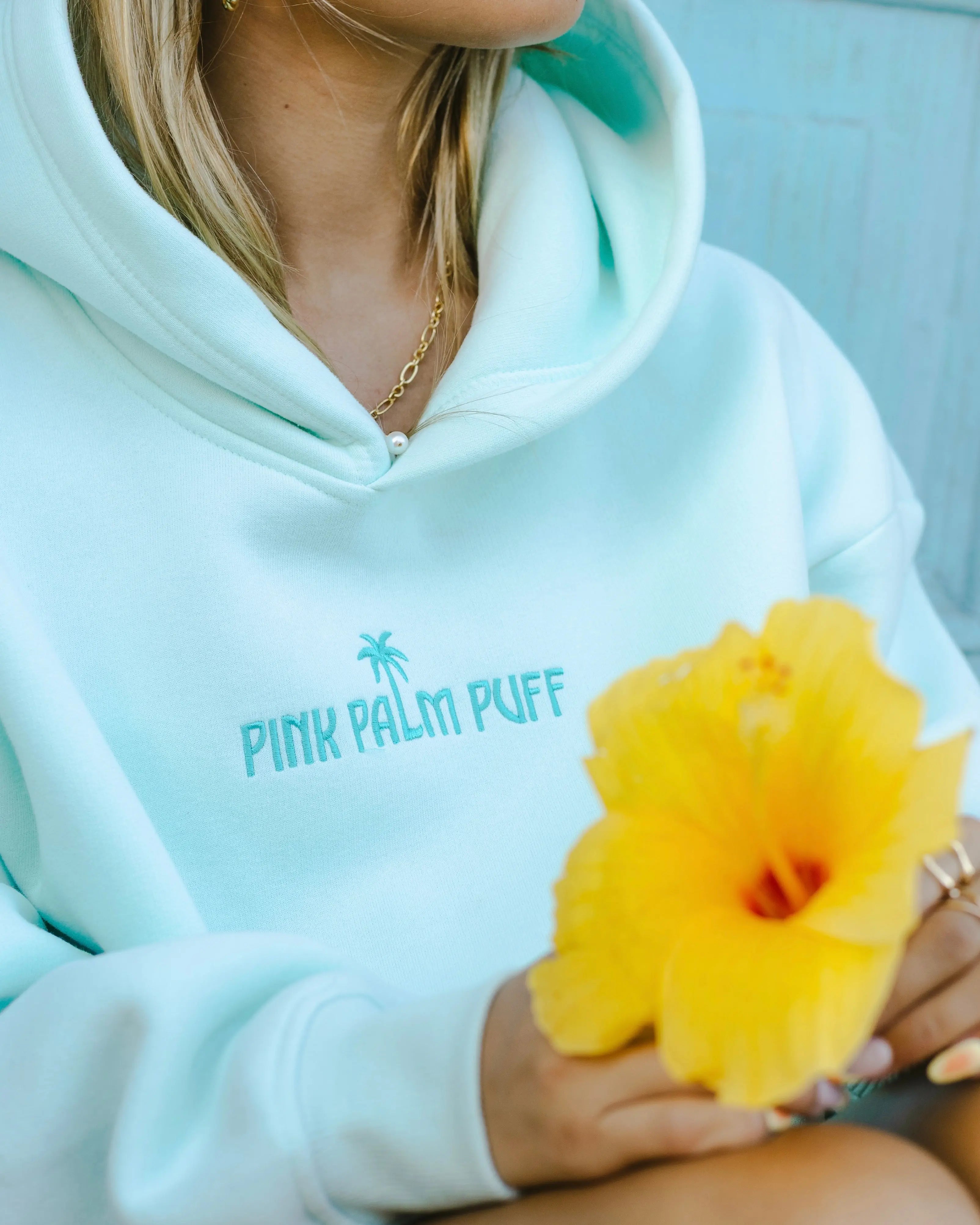 Classic Puff Hoodie in Mint Breeze Pink Palm Puff