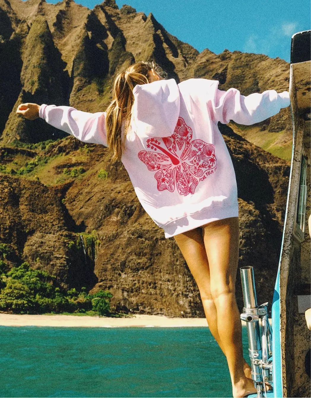 "Hawaii Hibiscus" Hoodie in Blush Pink Palm Puff