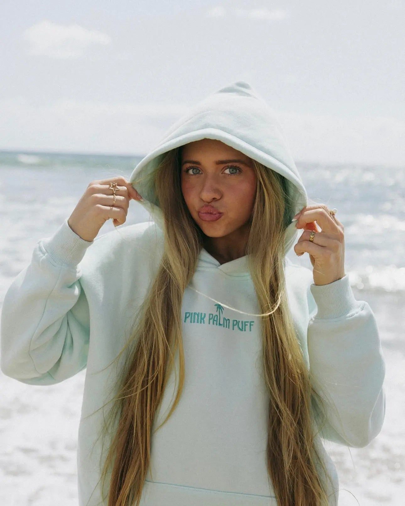 Classic Puff Hoodie in Mint Breeze Pink Palm Puff