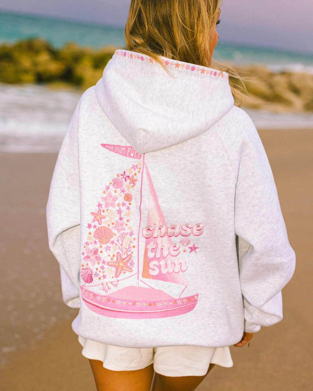 “Chase the Sun” Relaxed Hoodie in Heather Cloud pinkpalmpuff