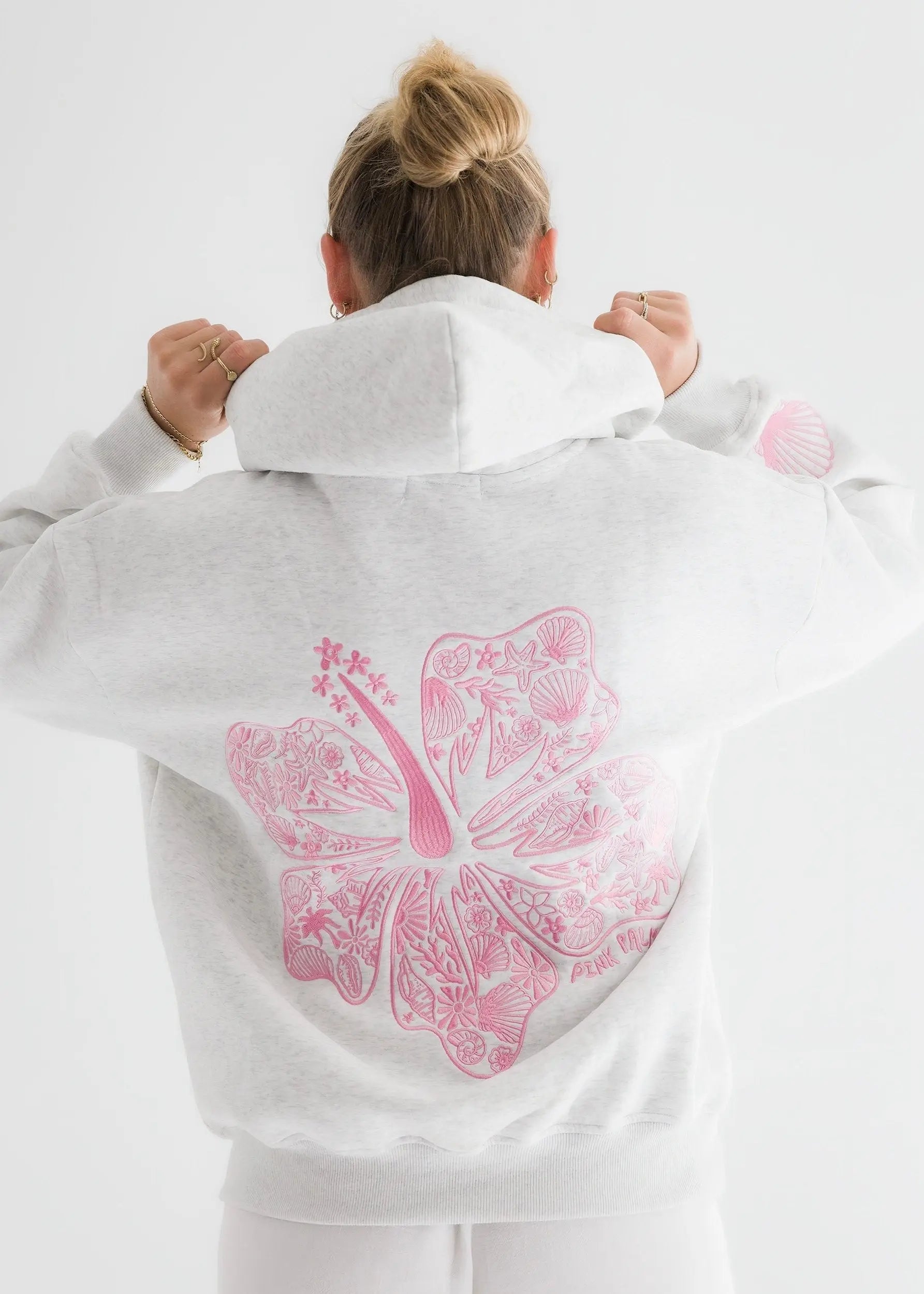 "Hawaii Hibiscus" Hoodie in Heather Cloud Pink Palm Puff