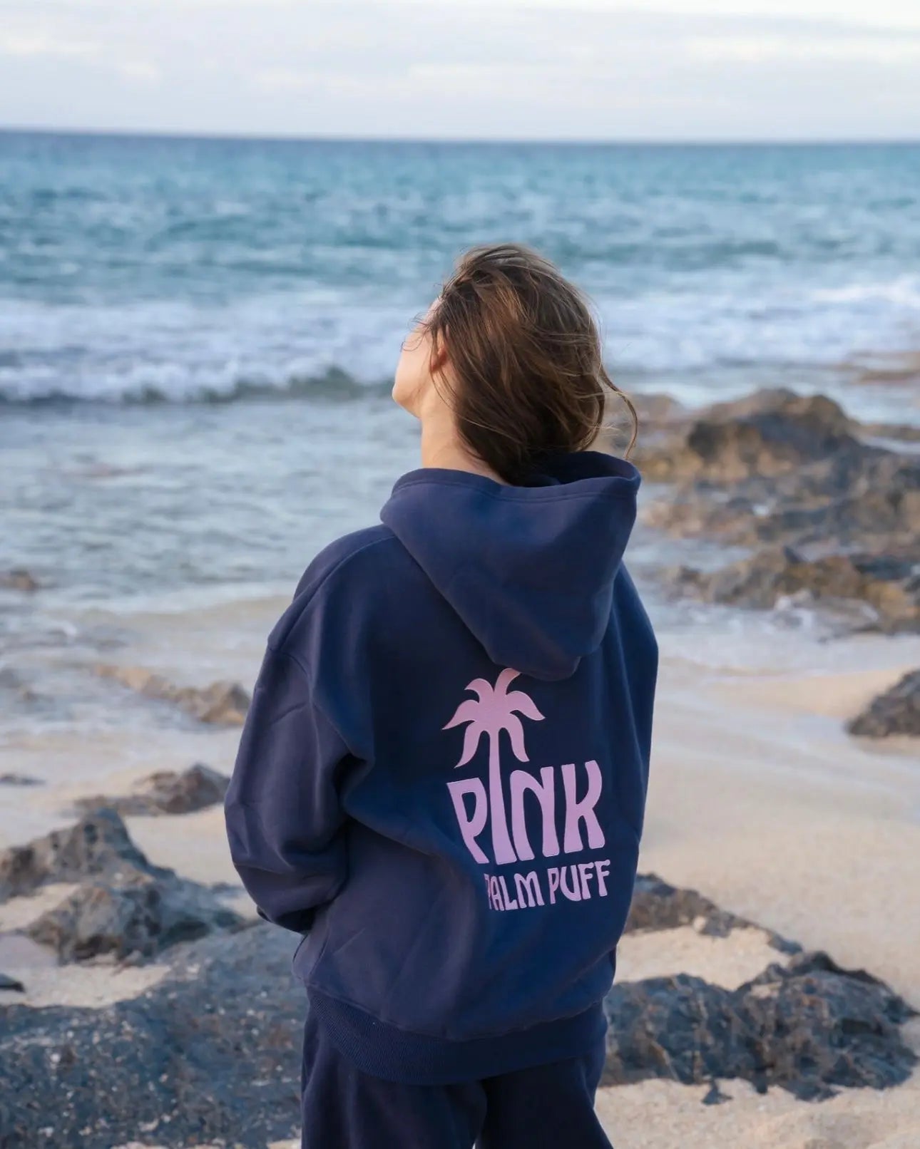 Classic Puff Hoodie in Navy Pink Palm Puff