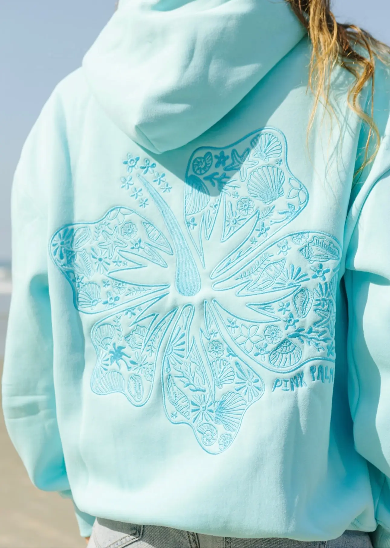 "Hawaii Hibiscus" Hoodie in Aquamarine Pink Palm Puff