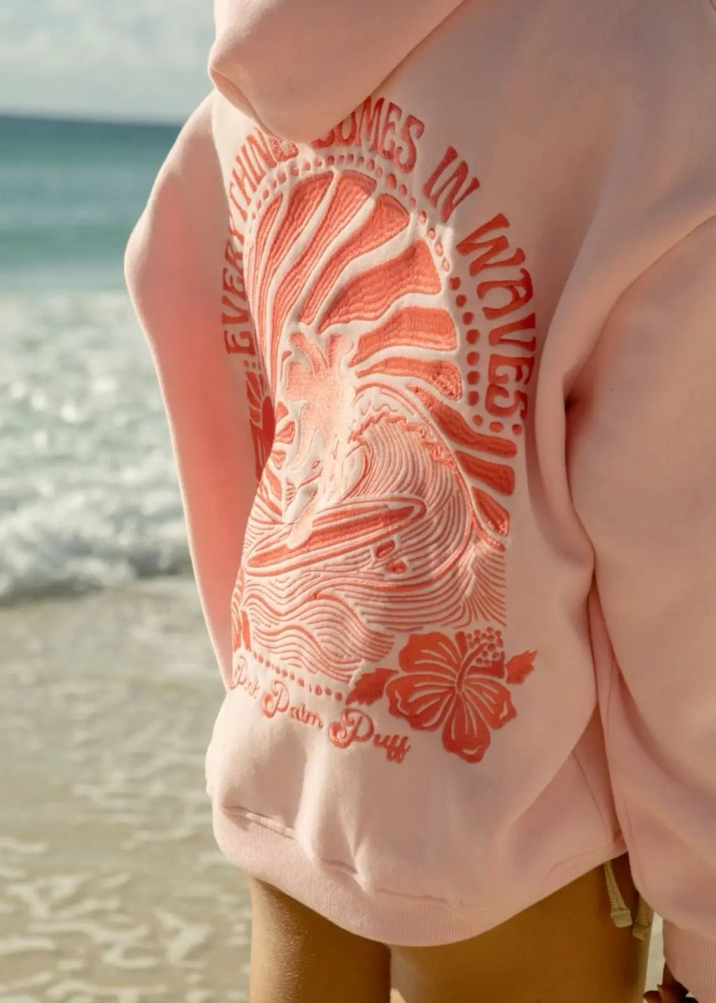 "Everything Comes in Waves" Hoodie in Pink Pink Palm