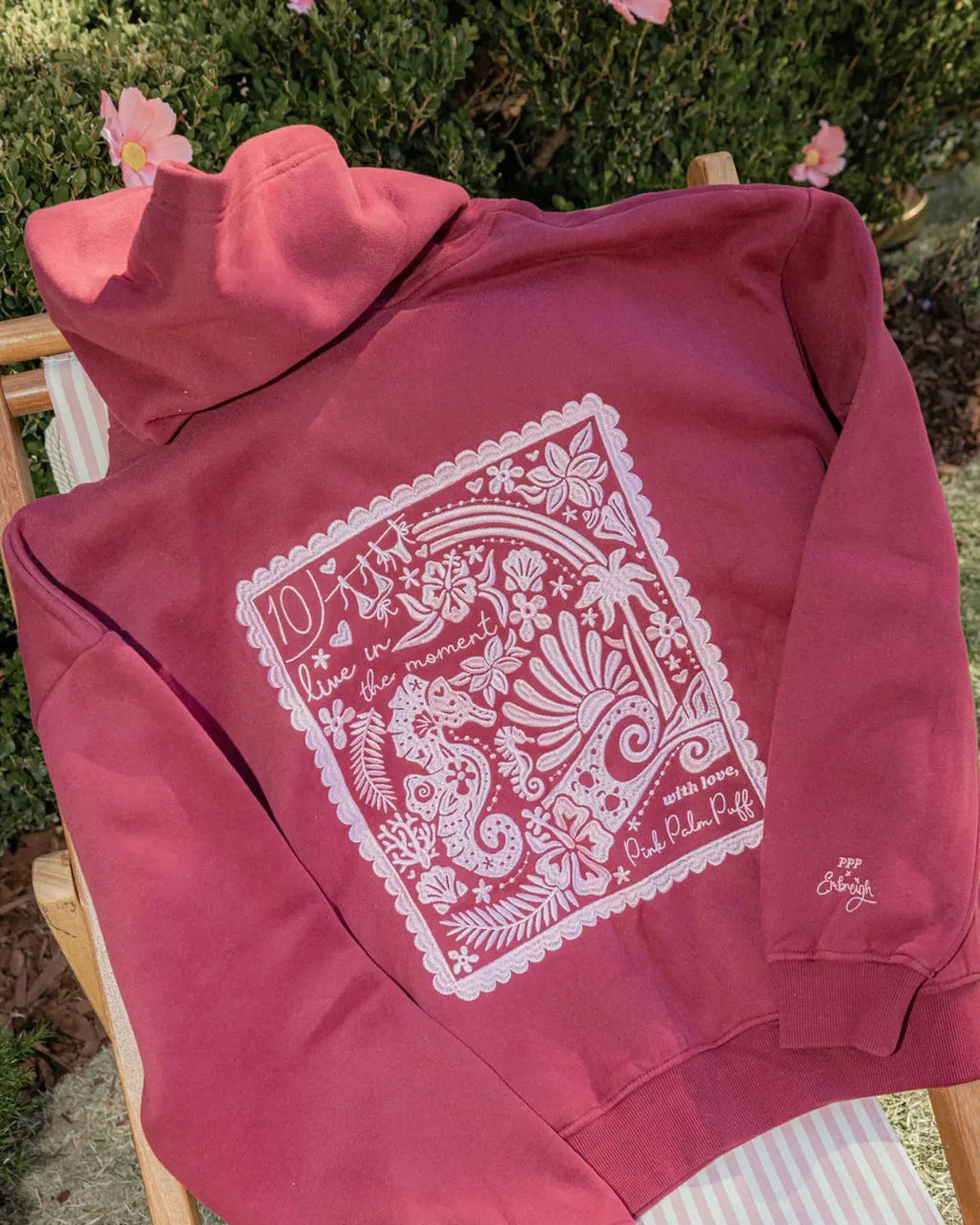 "Live in the Moment" Hoodie in Cherry pinkpalmpuff